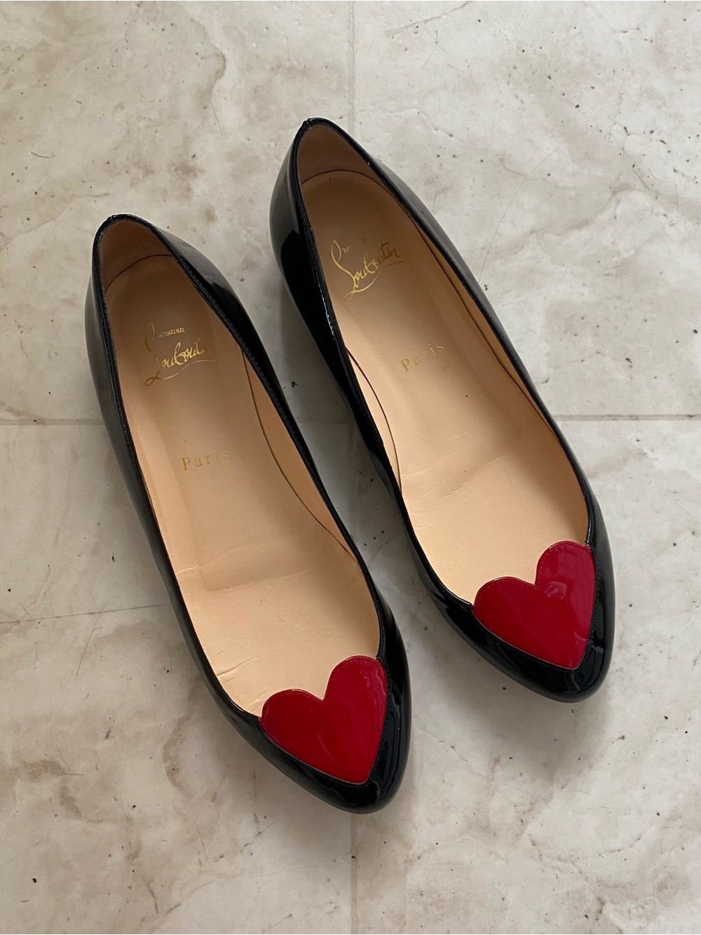 Christian Louboutin Corafront Heart Black Red Patent Leather Ballet Flats 8/38